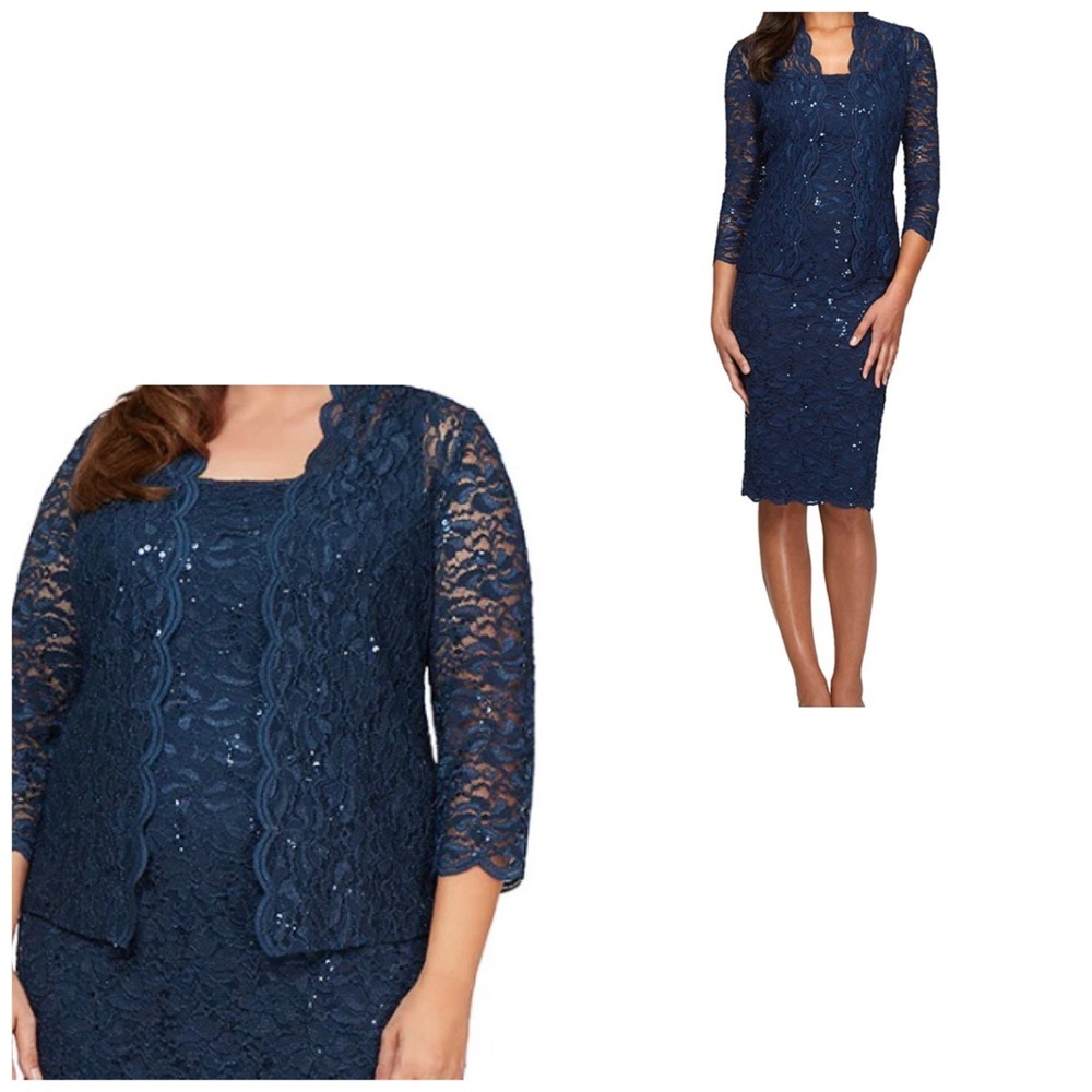 NWT Alex Evenings Sheath Lace Dress w/Sheer Lace Jacket w/ Sequin Detail Navy 14